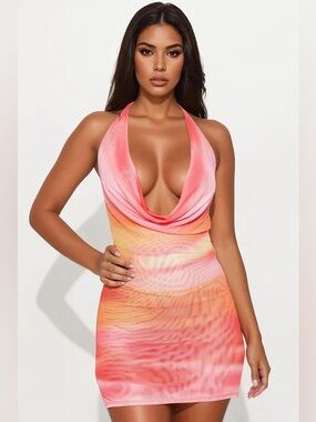 Fashion Nova Pink Orange Gradient Halter Swim Coverup